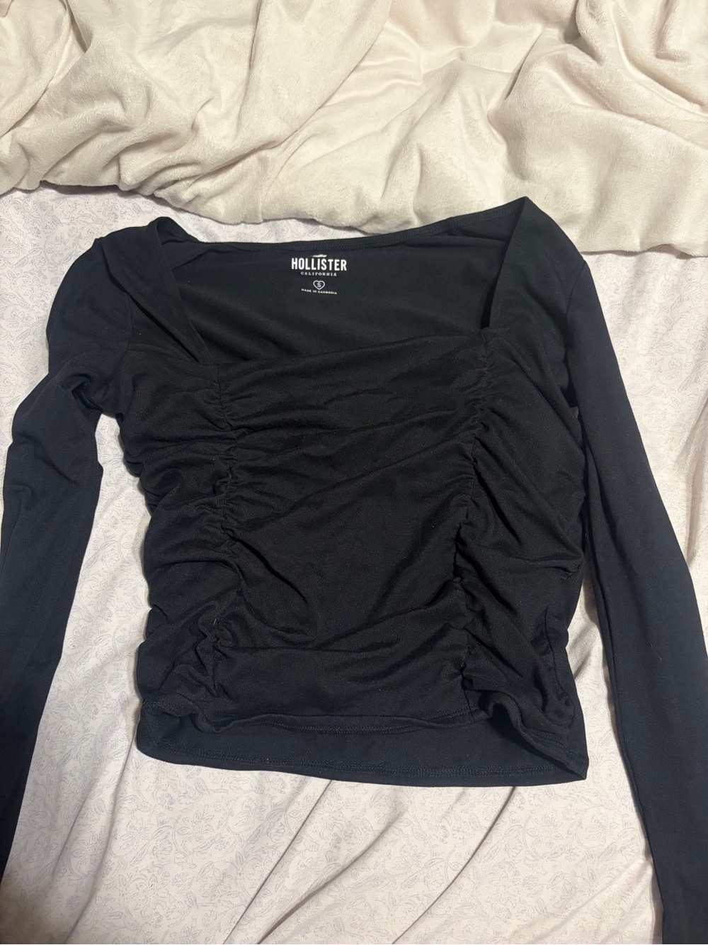 Hollister Black Long Sleeve Ruched Square Neck Top